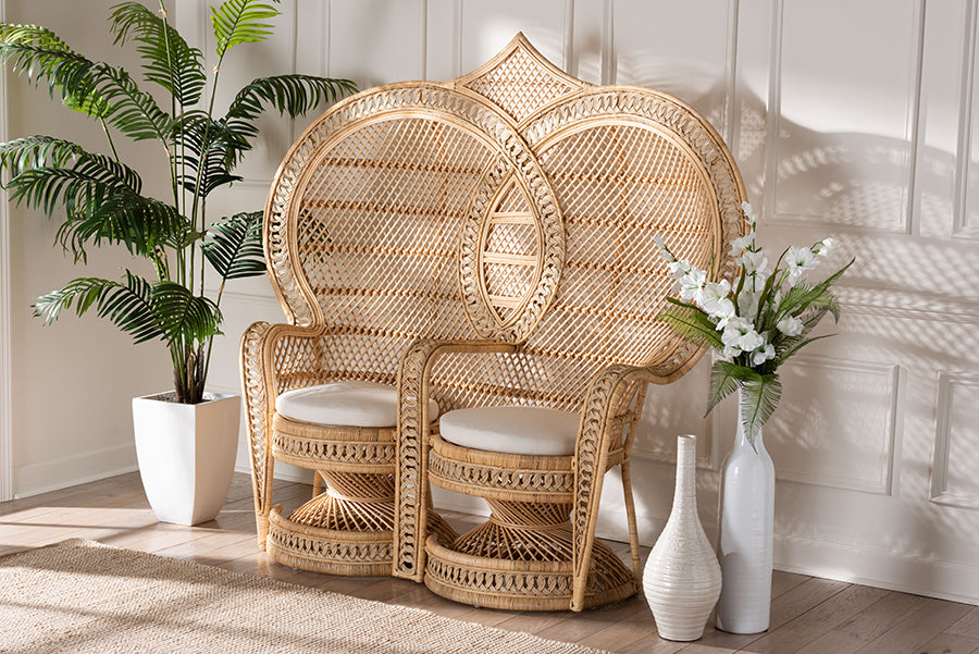 bali & pari Nerita Modern Bohemian Natural Brown Rattan Two-Seater Peacock Chair