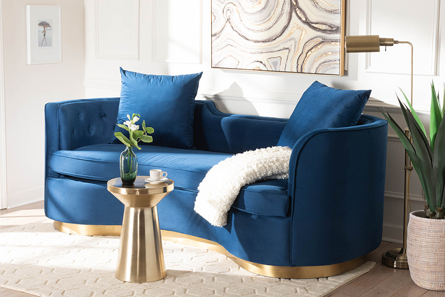 Baxton Studio Deserae Glam and Luxe Navy Blue Velvet and Brushed Gold Metal Sofa