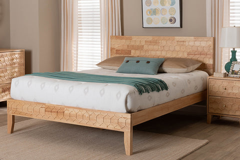 Baxton Studio Hosea Japandi Carved Honeycomb Natural King Size Platform Bed
