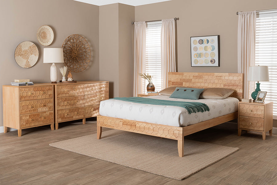 Baxton Studio Hosea Japandi Carved Honeycomb Natural King Size 5-Piece Bedroom Set