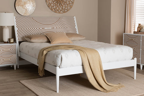 Baxton Studio Louetta Coastal White King Size Platform Bed with Carved Contrasting Headboard