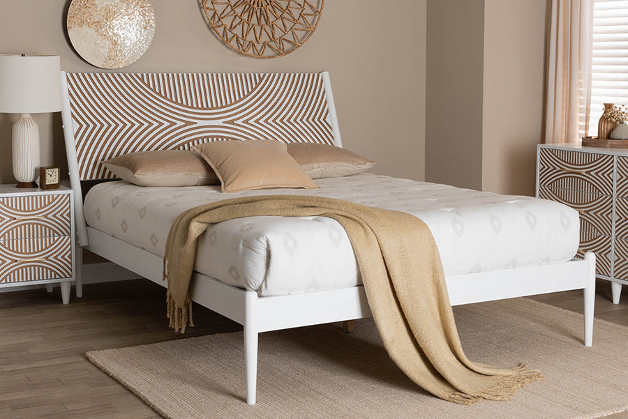 Baxton Studio Louetta Coastal White Queen Size Platform Bed with Carved Contrasting Headboard