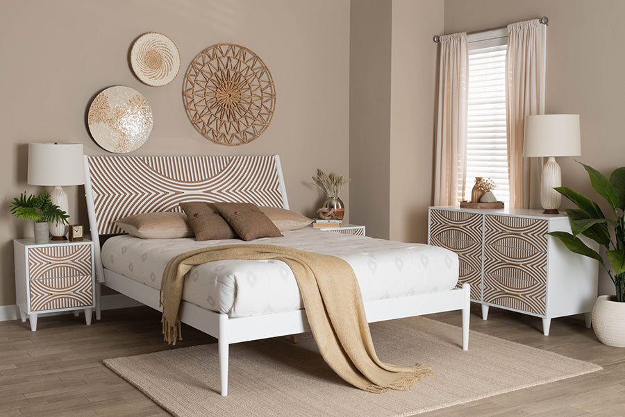 Baxton Studio Louetta Coastal White Caved Contrasting Queen Size 4-Piece Bedroom Set
