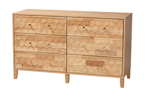 Baxton Studio Hosea Japandi Carved Honeycomb Natural 6-Drawer Dresser