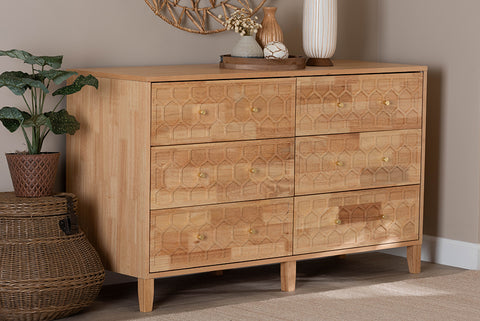 Baxton Studio Hosea Japandi Carved Honeycomb Natural 6-Drawer Dresser