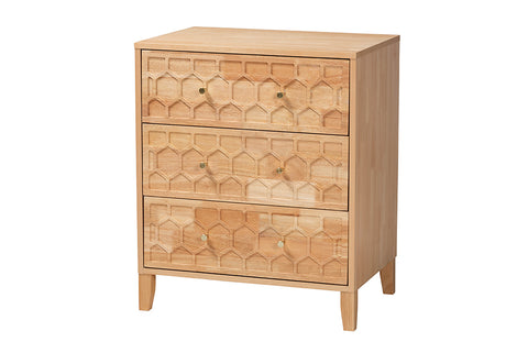Baxton Studio Hosea Japandi Carved Honeycomb Natural 3-Drawer Chest