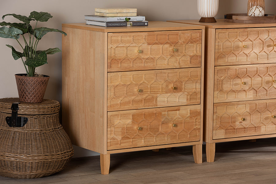 Baxton Studio Hosea Japandi Carved Honeycomb Natural 3-Drawer Chest