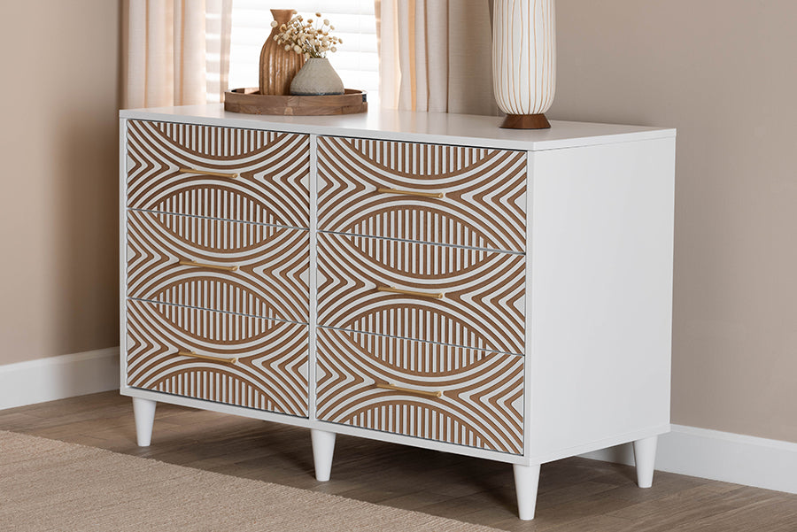Baxton Studio Louetta Coastal White Carved Contrasting 6-Drawer Dresser