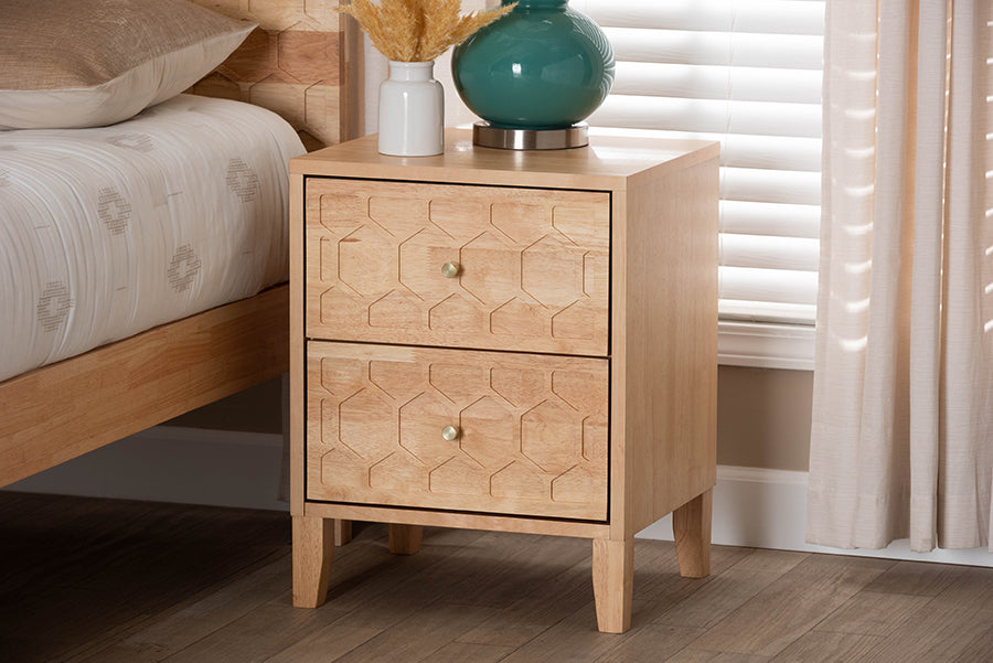 Baxton Studio Hosea Japandi Carved Honeycomb Natural 2-Drawer Nightstand
