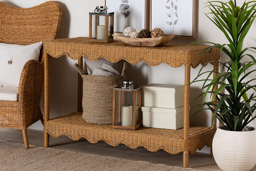 bali & pari Oteria Bohemian Light Honey Scalloped Rattan Console Table