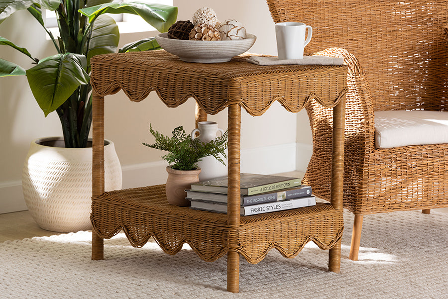 bali & pari Oteria Bohemian Light Honey Scalloped Rattan Side Table