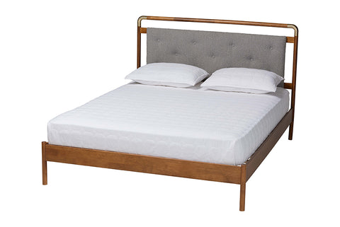 Baxton Studio Edwina Mid-Century Light Grey Boucle Fabric and Walnut Brown Wood Queen Size Platform Bed