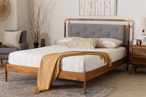 Baxton Studio Edwina Mid-Century Light Grey Boucle Fabric and Walnut Brown Wood Queen Size Platform Bed