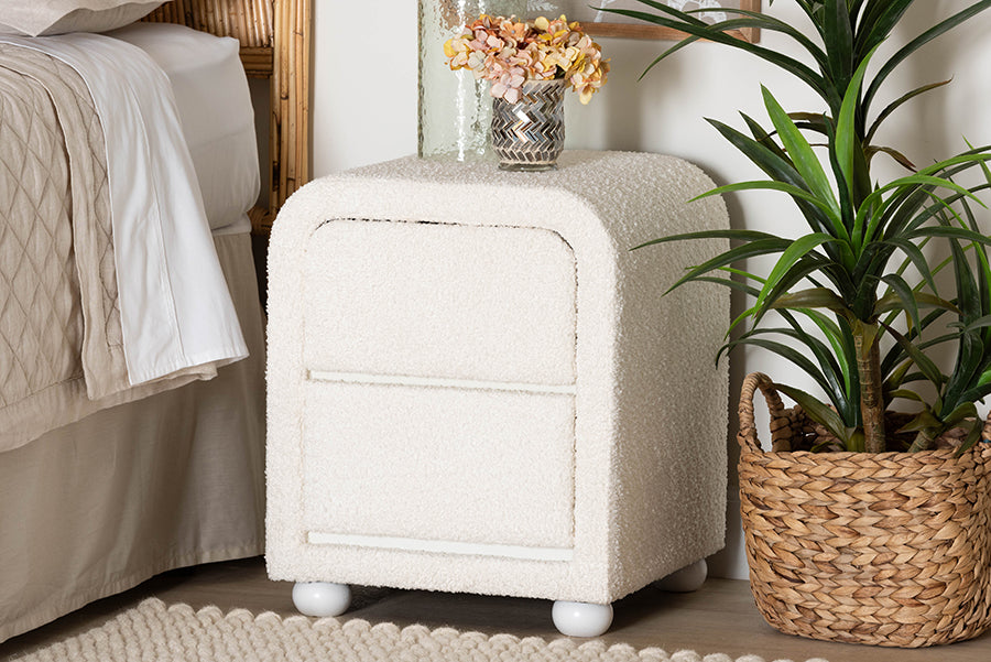 Baxton Studio Bonilla Modern White Teddy-Bear Fabric and Rubberwood 2-Drawer Nightstand