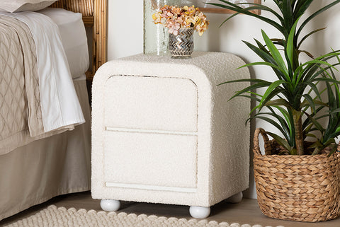 Baxton Studio Bonilla Modern White Teddy-Bear Fabric and Rubberwood 2-Drawer Nightstand