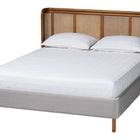 Baxton Studio Harrell Mid-Century Modern Grey Velvet and Woven Rattan Wood Queen Size Bed