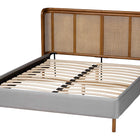 Baxton Studio Harrell Mid-Century Modern Grey Velvet and Woven Rattan Wood Queen Size Bed
