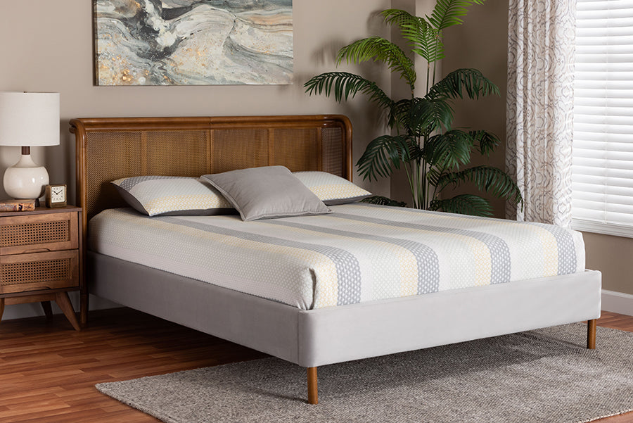 Baxton Studio Harrell Mid-Century Modern Grey Velvet and Woven Rattan Wood Queen Size Bed