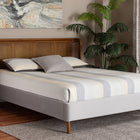 Baxton Studio Harrell Mid-Century Modern Grey Velvet and Woven Rattan Wood Queen Size Bed