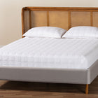 Baxton Studio Harrell Mid-Century Modern Grey Velvet and Woven Rattan Wood Queen Size Bed