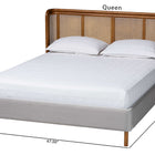 Baxton Studio Harrell Mid-Century Modern Grey Velvet and Woven Rattan Wood Queen Size Bed