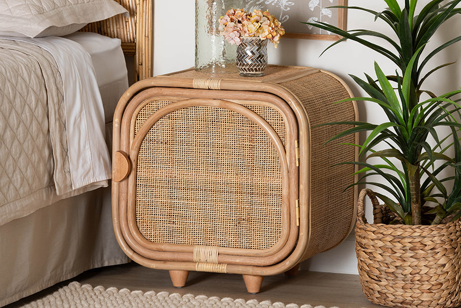 bali & pari Keita Bohemian Natural Rattan and Mahogany Wood Nightstand