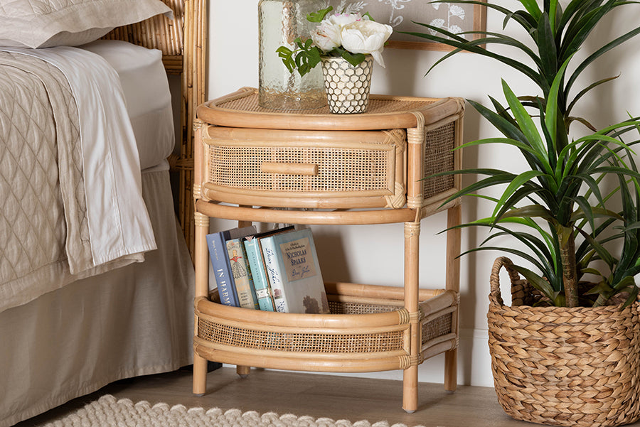 bali & pari Divitia Bohemian Natural Rattan 1-Drawer Nightstand