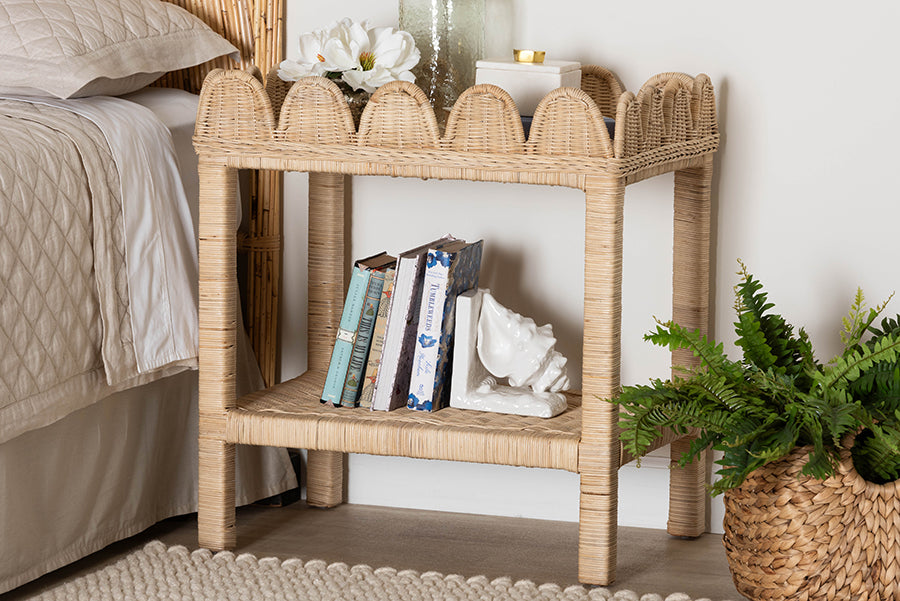 bali & pari Sumana Bohemian Scallop Natural Rattan and Mahogany Side Table