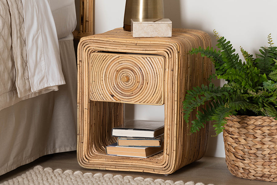 bali & pari Rosina Bohemian Natural Rattan 1-Drawer Nightstand