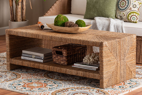 bali & pari Liza Rectangle Seagrass Coffee Table - Handwoven Natural Fiber Frame with Open Shelf, Coastal Boho Furniture for Living Room or Lounge