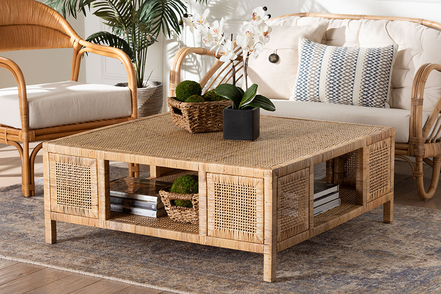bali & pari Kalimantan Bohemian Light Honey Rattan and Mahogany Wood Square Coffee Table