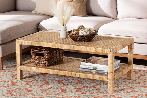 bali & pari Kalimantan Bohemian Light Honey Rattan and Mahogany Wood Rectangle Coffee Table