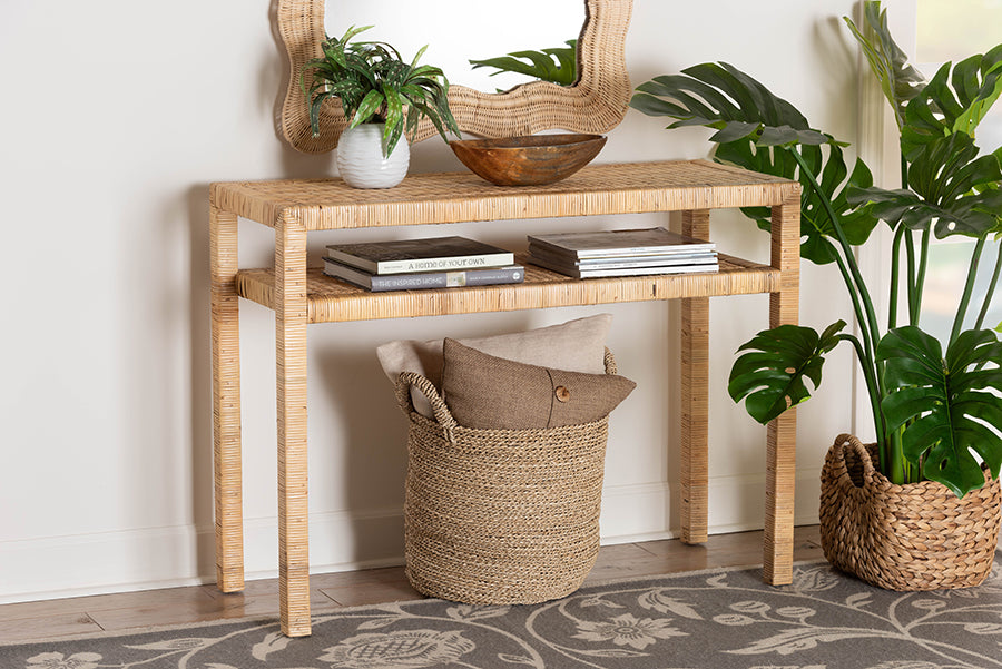 bali & pari Kalimantan Bohemian Light Honey Rattan and Acacia Wood Console Table
