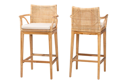 bali & pari Storsel Bohemian Natural Rattan and Teak Wood 2-Piece Bar Stool Set