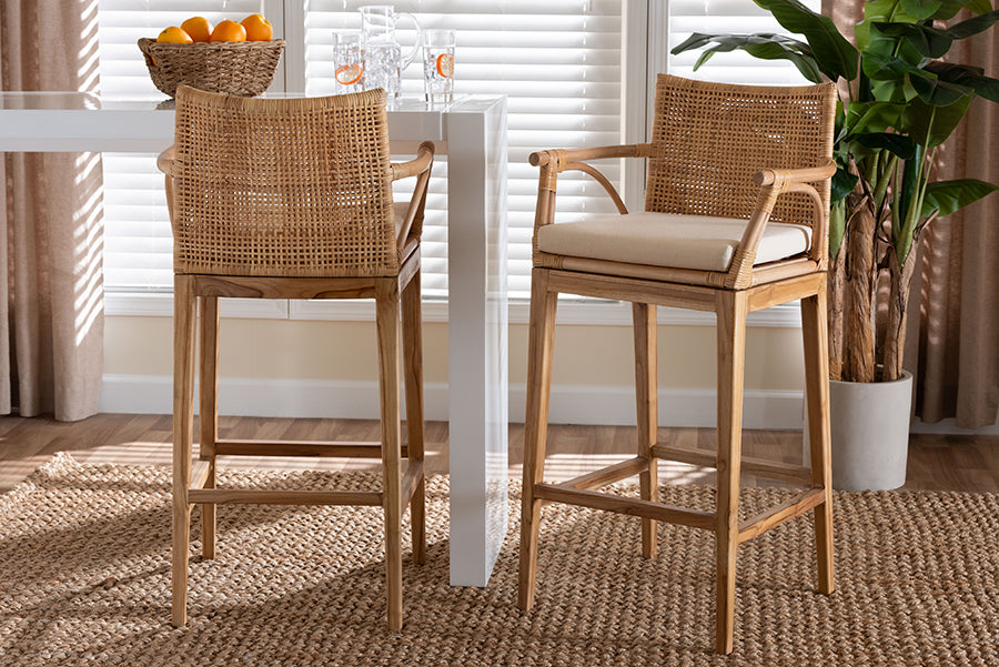 bali & pari Storsel Bohemian Natural Rattan and Teak Wood 2-Piece Bar Stool Set