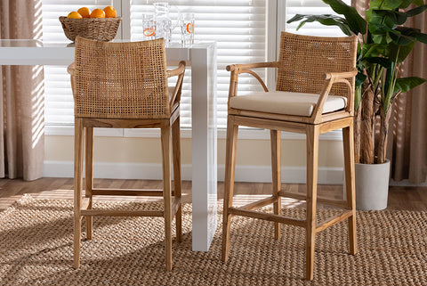 bali & pari Storsel Bohemian Natural Rattan and Teak Wood 2-Piece Bar Stool Set