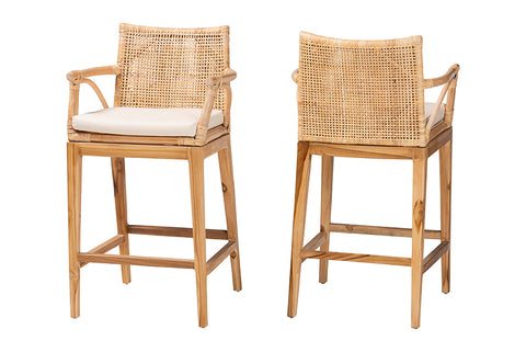 bali & pari Storsel Bohemian Natural Rattan and Teak Wood 2-Piece Counter Stool Set