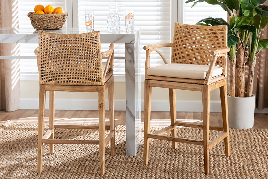 bali & pari Storsel Bohemian Natural Rattan and Teak Wood 2-Piece Counter Stool Set