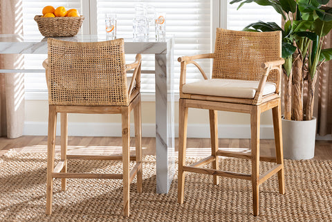 bali & pari Storsel Bohemian Natural Rattan and Teak Wood 2-Piece Counter Stool Set