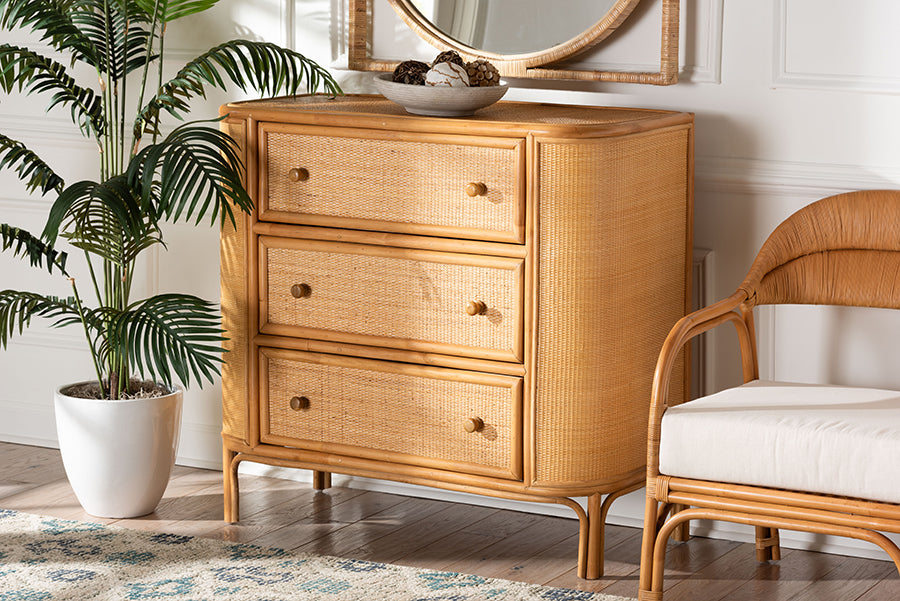 bali & pari Radenza Bohemian Light Honey Rattan 3-Drawer Storage Cabinet