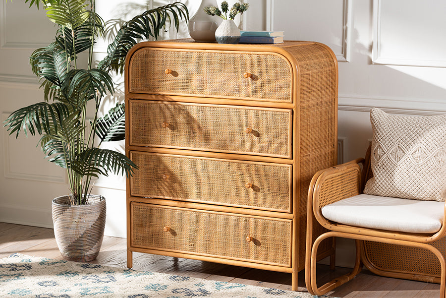 bali & pari Sampit Natural Rattan 4-Drawer Storage Cabinet - Handwoven Cane Displaying Unit with Rounded Frame, Boho Coastal Accent Furniture for Hallway, Living room or Bathroom