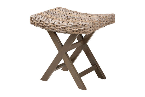 bali & pari Hayate Bohemian Grey Kubu Rattan and Mahogany Wood Ottoman Footstool