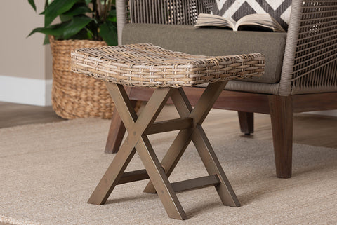 bali & pari Hayate Bohemian Grey Kubu Rattan and Mahogany Wood Ottoman Footstool