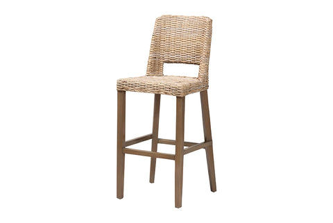 bali & pari Magy Modern Bohemian Grey Kubu Rattan and Mahogany Wood Bar Stool