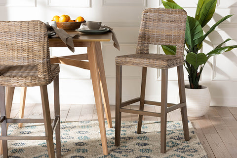bali & pari Magy Modern Bohemian Grey Kubu Rattan and Mahogany Wood Bar Stool