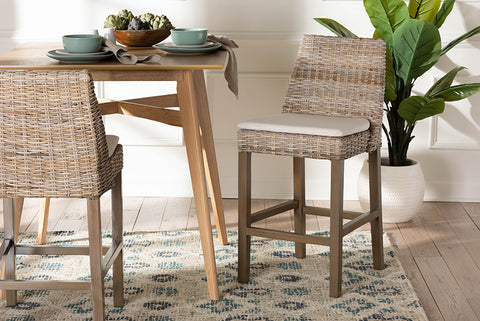 bali & pari Toby Modern Bohemian Grey Kubu Rattan and Rustic Taupe Finished Mahogany Wood Counter Stool