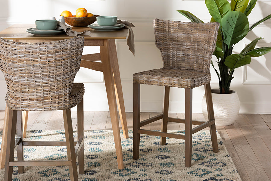 bali & pari Enver Modern Bohemian Grey Kubu Rattan and Mahogany Wood Counter Stool