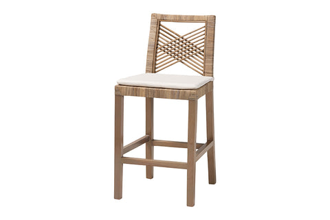 bali & pari Poltak Modern Bohemian Grey Natural Kubu Rattan and Mahogany Wood Counter Stool
