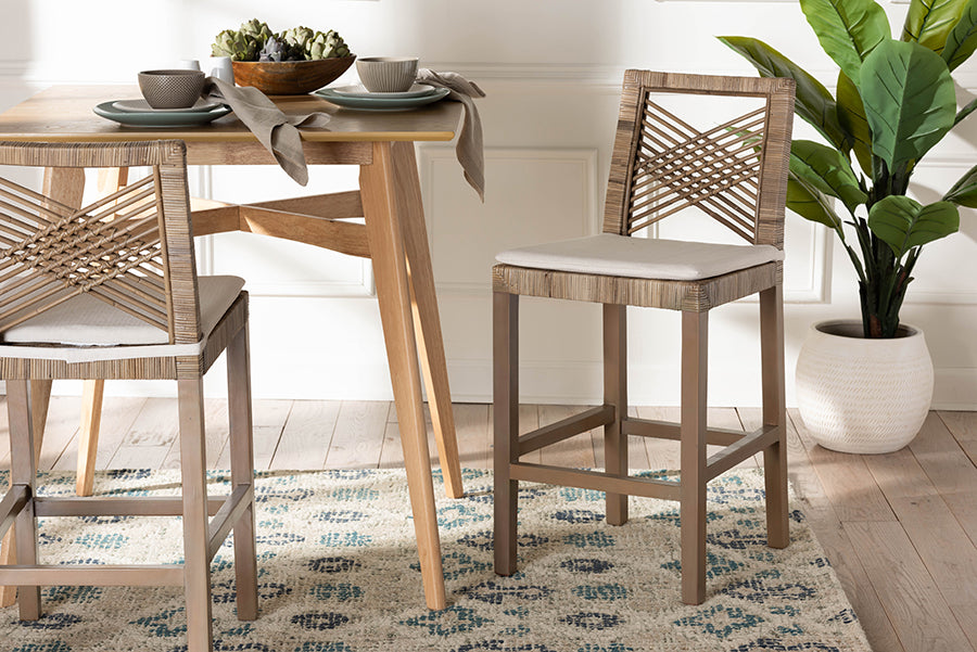 bali & pari Poltak Modern Bohemian Grey Natural Kubu Rattan and Mahogany Wood Counter Stool