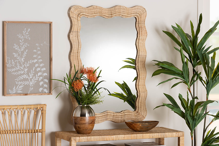 bali & pari Hasana Bohemian Natural Scallop Rattan Accent Wall Mirror